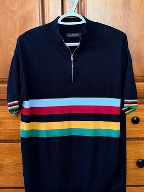OXKNIT Men’s Black Half-Zip Short Sleeve Knit Shirt with Multicolor Stripes